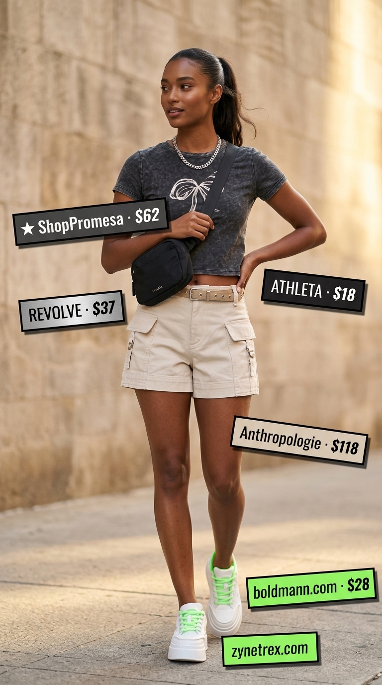 Urban Edge Explorer Outfit 2026 Urban edge outfit 2026: graphic crop tee, baggy cargo shorts, platform sneakers, belt bag.