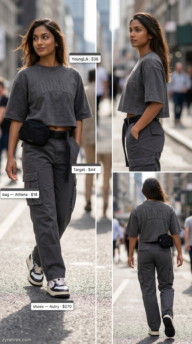 Urban Explorer Cool Outfit 2026 Urban explorer outfit 2026: graphic crop tee, cargo pants, crossbody bag, baseball cap.