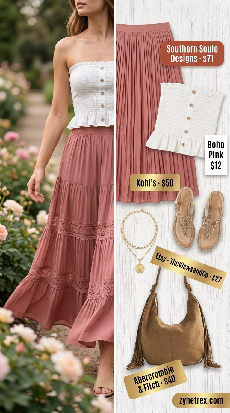 Cute Summer Crop Top Outfits 2026: Bohemian Festival Style Cute summer crop top outfits 2026: White bandeau crop top with dusty rose maxi skirt for festival.