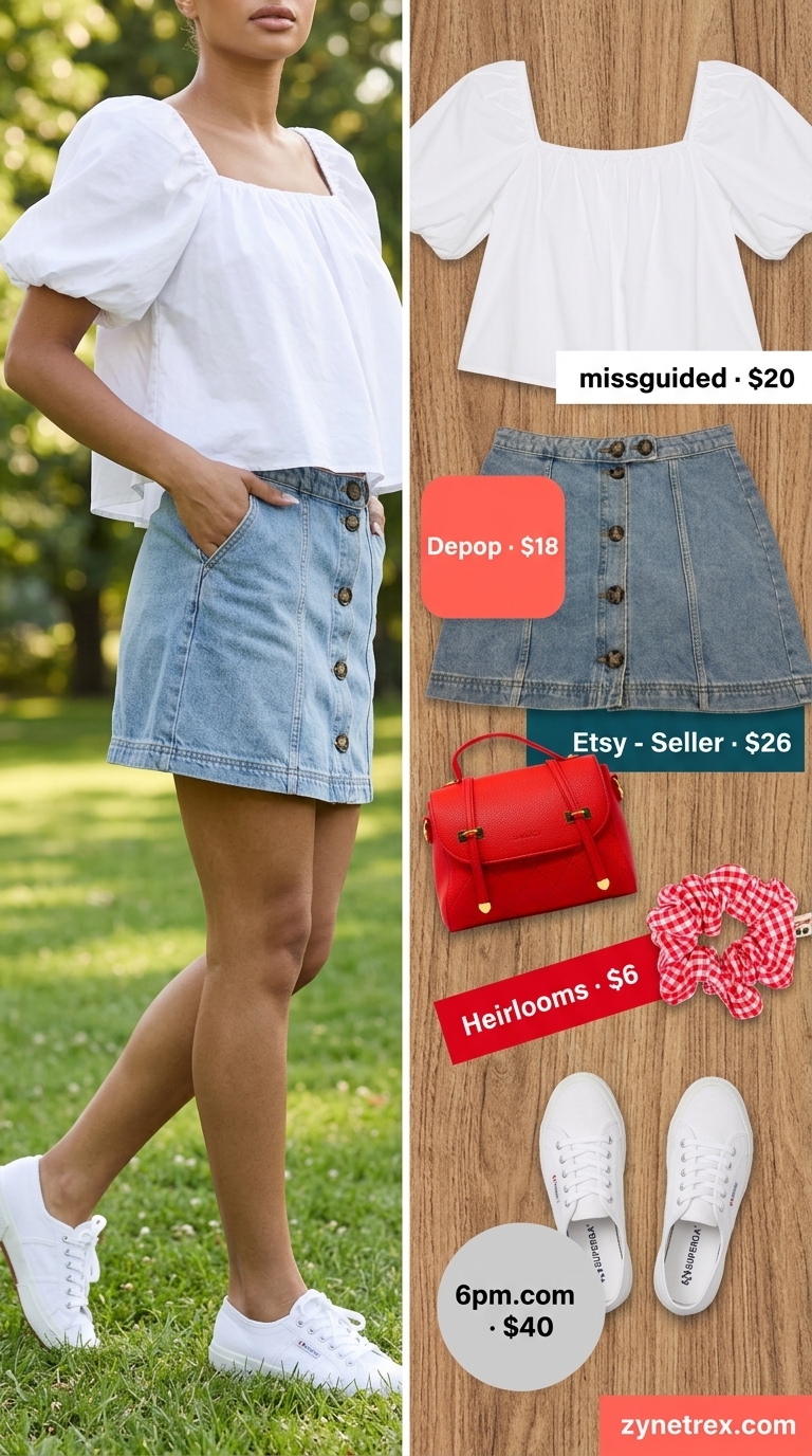 Cute Summer Crop Top Outfits 2026: Playful Picnic Style Cute summer crop top outfits 2026: White puff sleeve crop top with denim mini skirt for picnic.