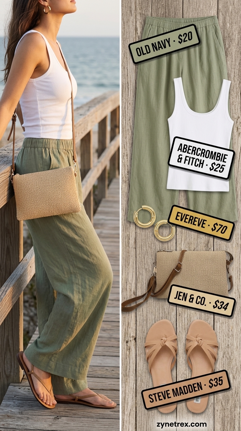 Cute Summer Crop Top Outfits 2026: Seaside Vacation Style Cute summer crop top outfits 2026: White ribbed crop top with sage green linen pants for seaside.