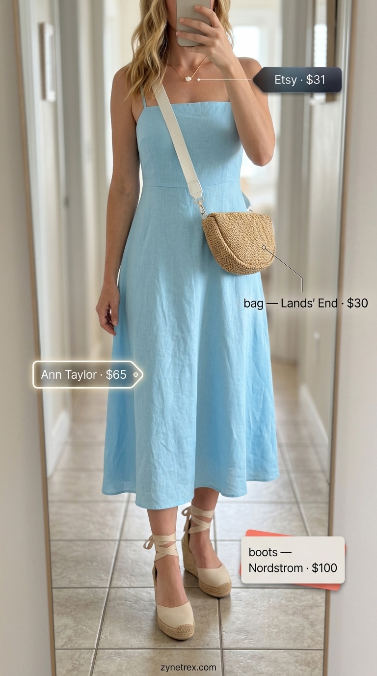 Cute summer going out outfits for women 2026: Sky blue midi dress, espadrille wedges, straw bag for beachside dinner.