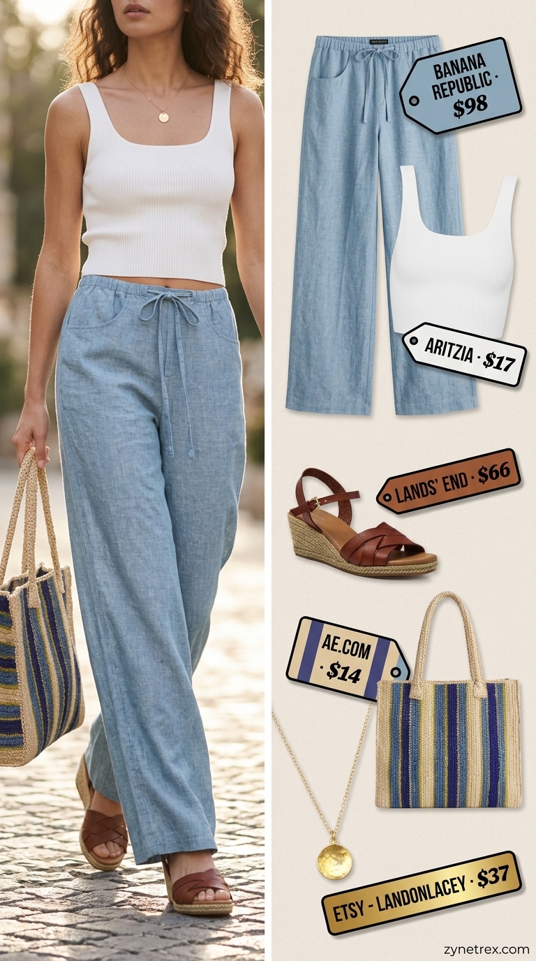 Cute summer going out outfits for women 2026: Serene blue linen pants, white tank for casual evenings.