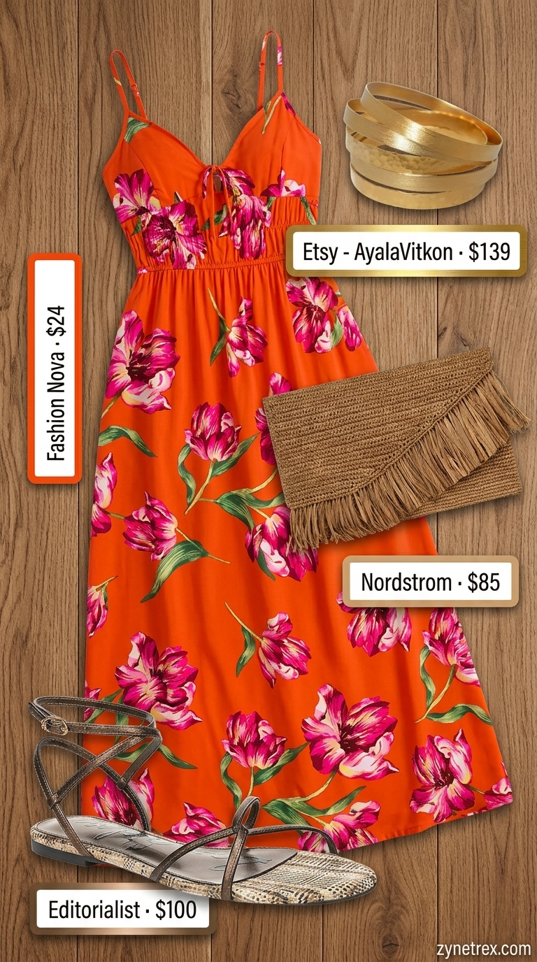 Cute summer going out outfits for women 2026: Bohemian floral maxi dress with fringe clutch and bronze sandals for a sunset cruise.