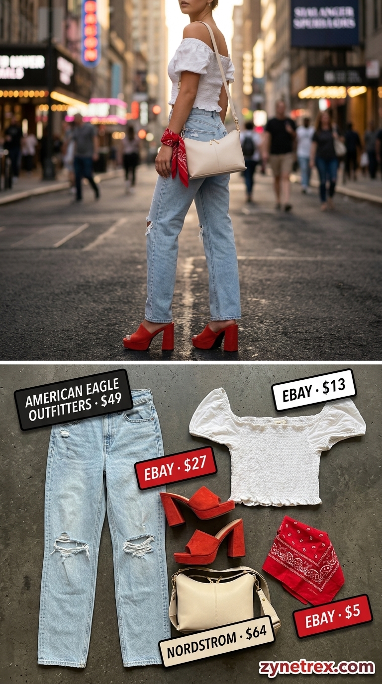 Cute summer going out outfits for women 2026: Edgy red bandana, white crop top, and distressed denim jeans with block heels.