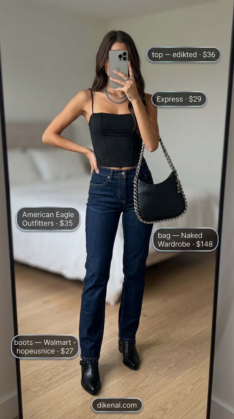 Cute summer going out outfits for women 2026: Dark wash jeans, black corset top, ankle boots for a casual date night.