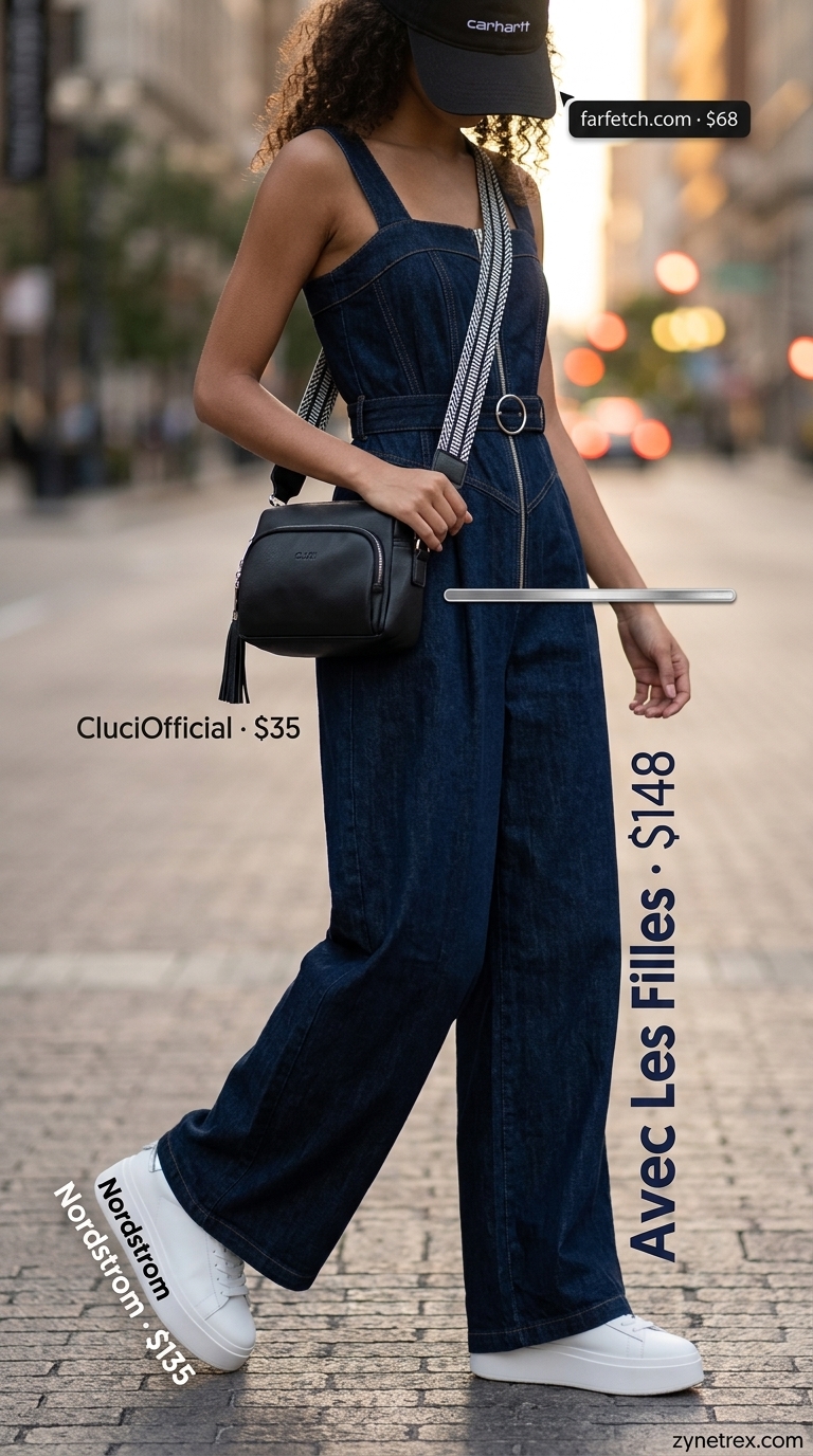 Cute summer going out outfits for women 2026: Denim jumpsuit, platform sneakers, crossbody bag for concert.