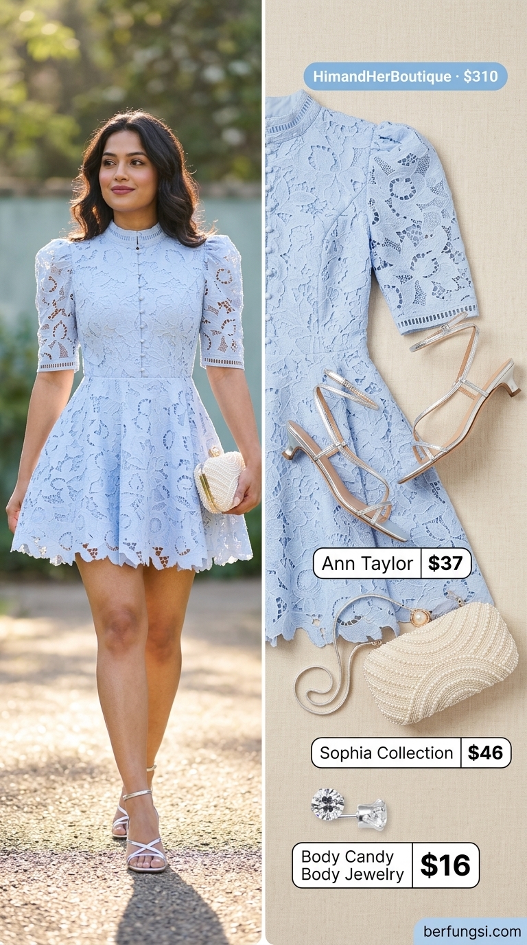 Cute summer going out outfits for women 2026: Dreamy sky blue mini dress with lace trim, silver sandals, and pearl clutch.