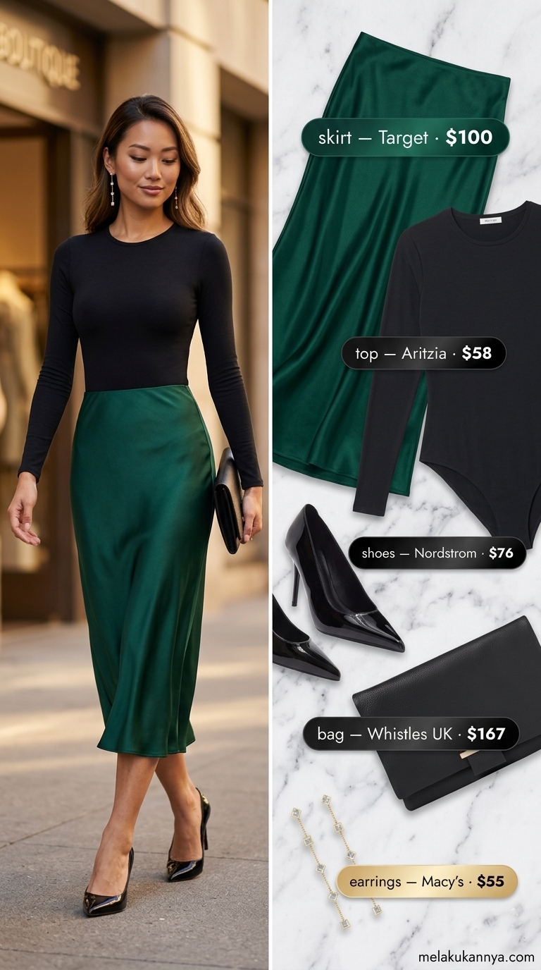 Cute summer going out outfits for women 2026: Emerald green slip skirt, black bodysuit for upscale lounges.