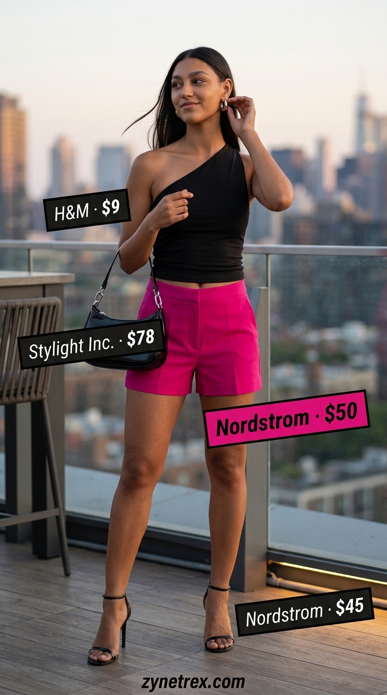Cute summer going out outfits for women 2026: Fuchsia shorts, black one-shoulder top, silver accessories for a rooftop bar.