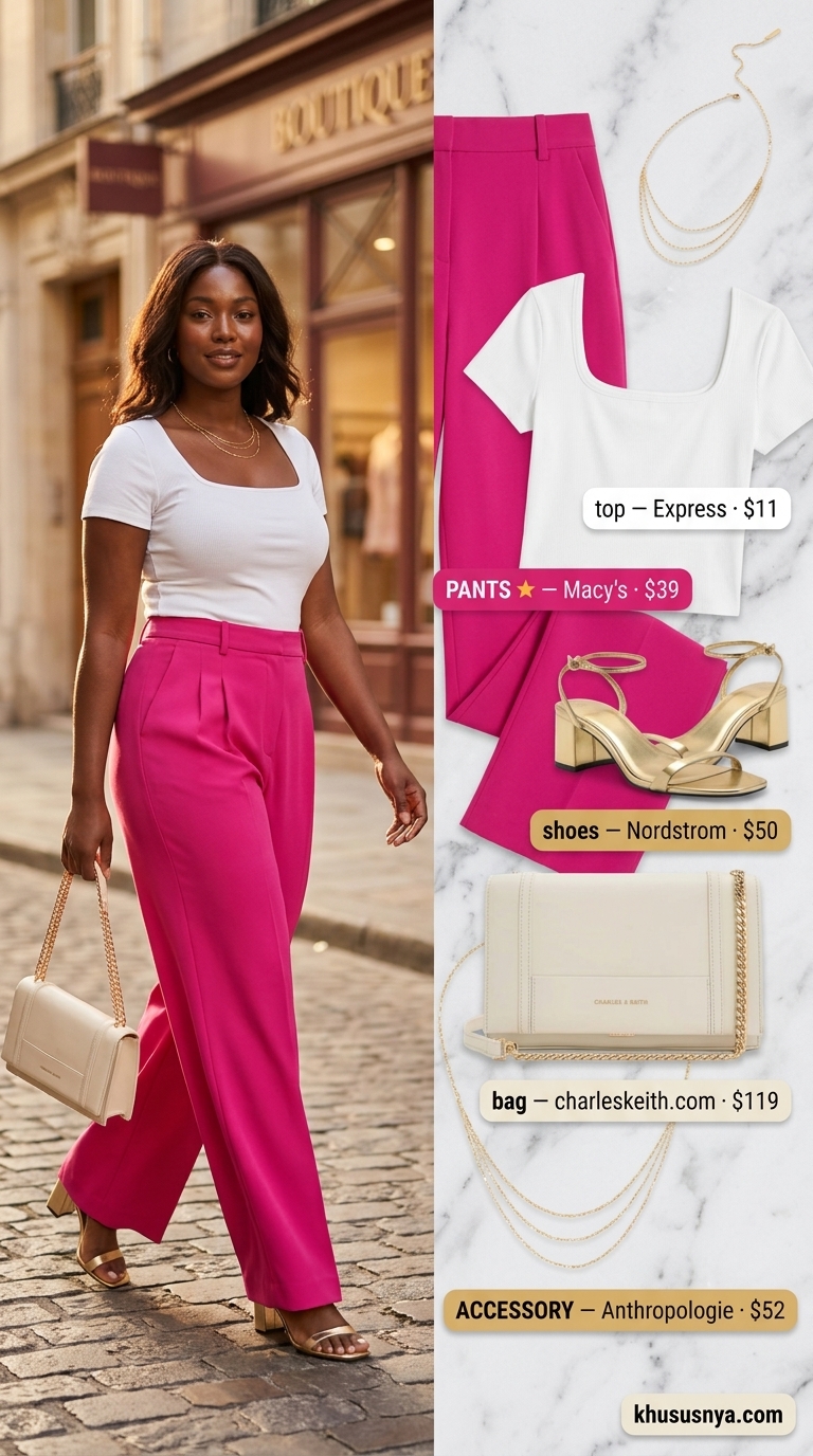 Cute summer going out outfits for women 2026: Vibrant fuchsia wide-leg trousers with a white crop top and gold sandals.