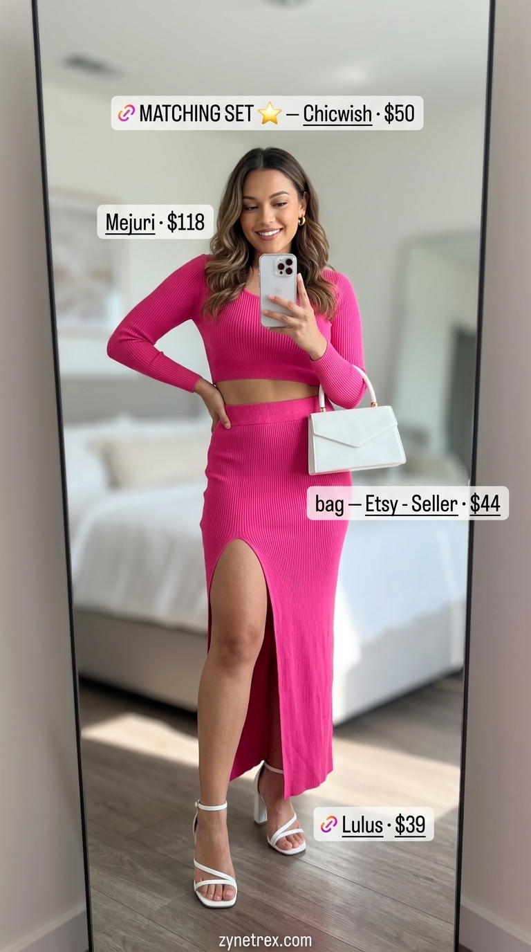 Cute summer going out outfits for women 2026: Hot pink matching set, white heeled sandals, structured clutch for summer event.