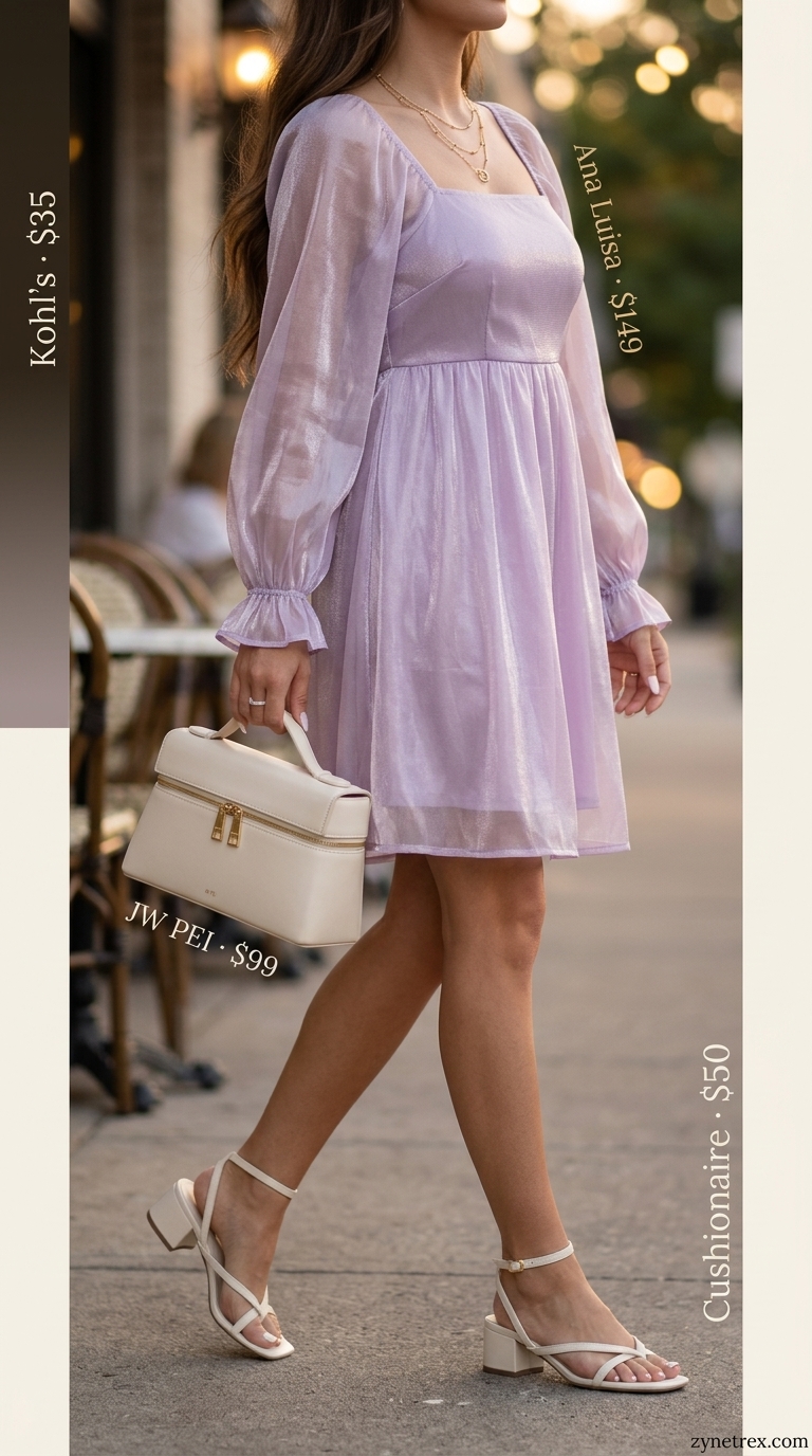 Cute summer going out outfits for women 2026: Sweet lavender babydoll dress with cream accessories for a date night.