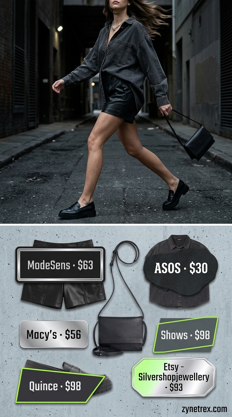 Cute summer going out outfits for women 2026: Edgy black leather shorts with oversized grey shirt, loafers, and silver necklace.