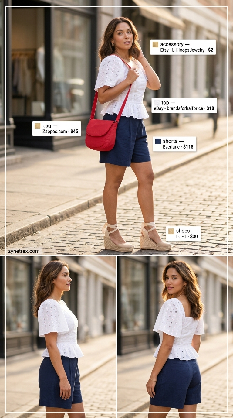 Cute summer going out outfits for women 2026: Crisp navy shorts with eyelet blouse, espadrille wedges, and red crossbody bag.
