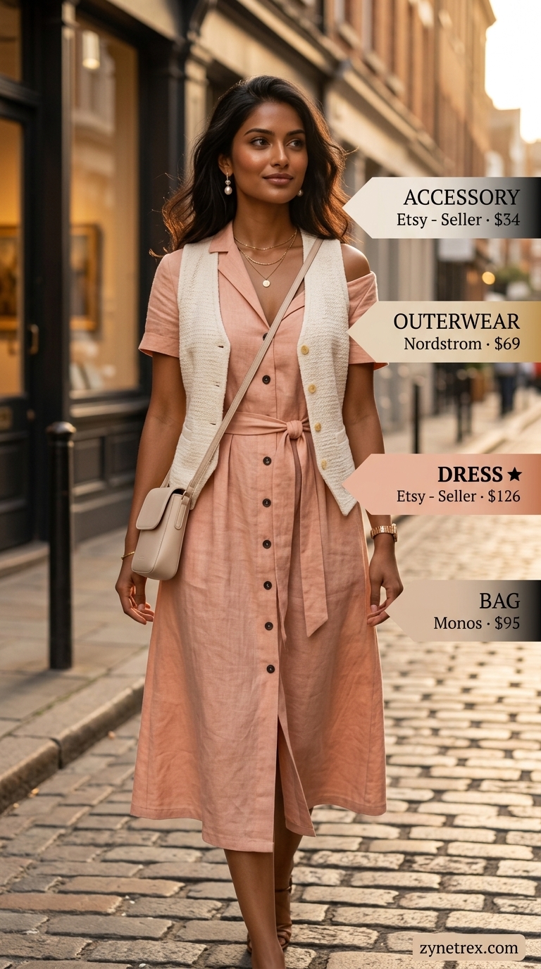 Cute summer going out outfits for women 2026: Peach shirt dress, cream vest for gallery openings.