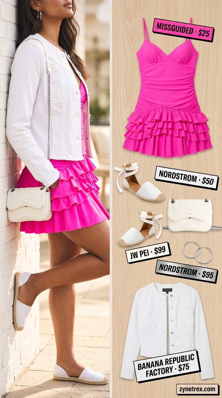 Cute summer going out outfits for women 2026: Hot pink sundress, white denim jacket for playful brunch.