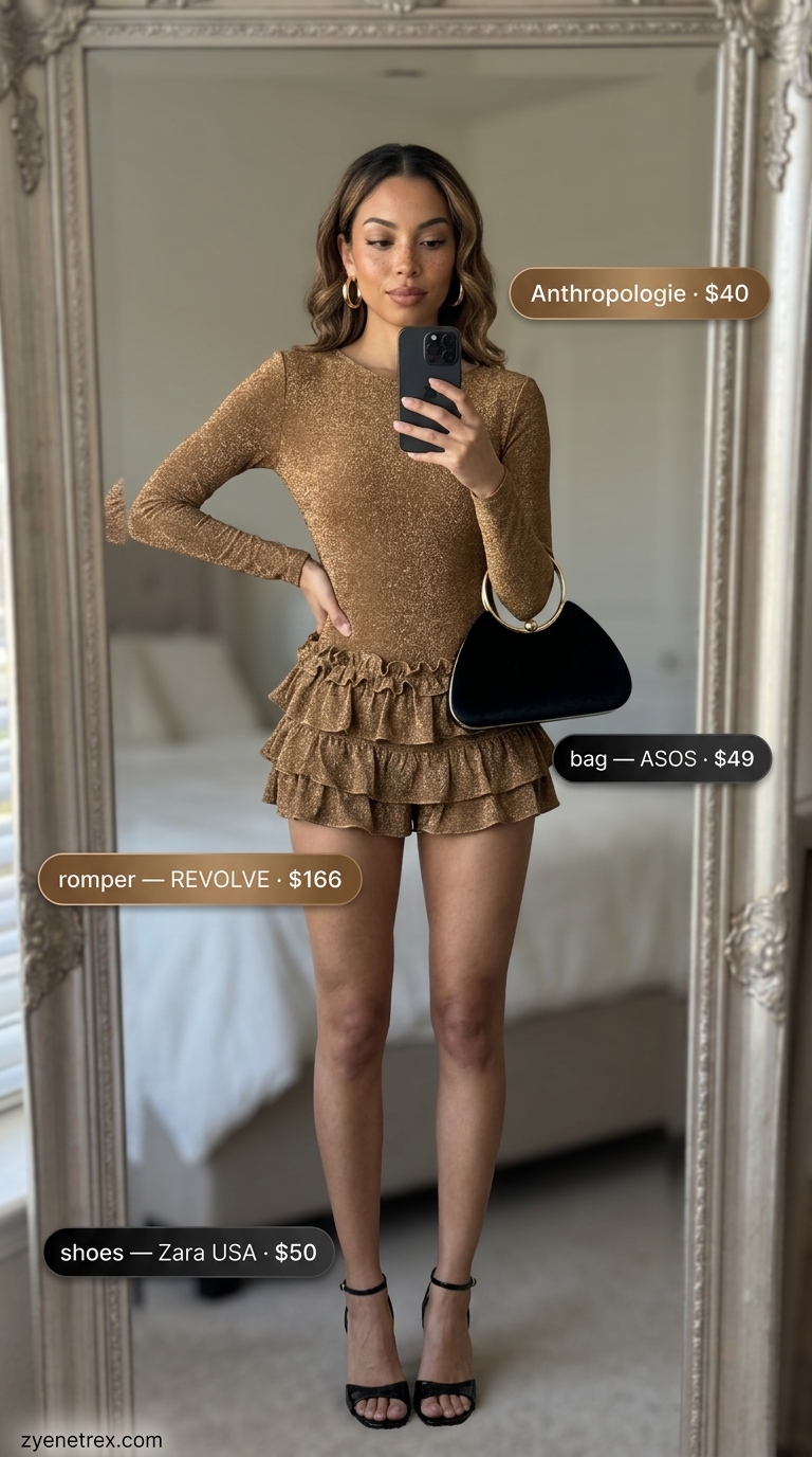 Cute summer going out outfits for women 2026: Glamorous bronze sequin romper with black boots and gold hoop earrings for disco night.