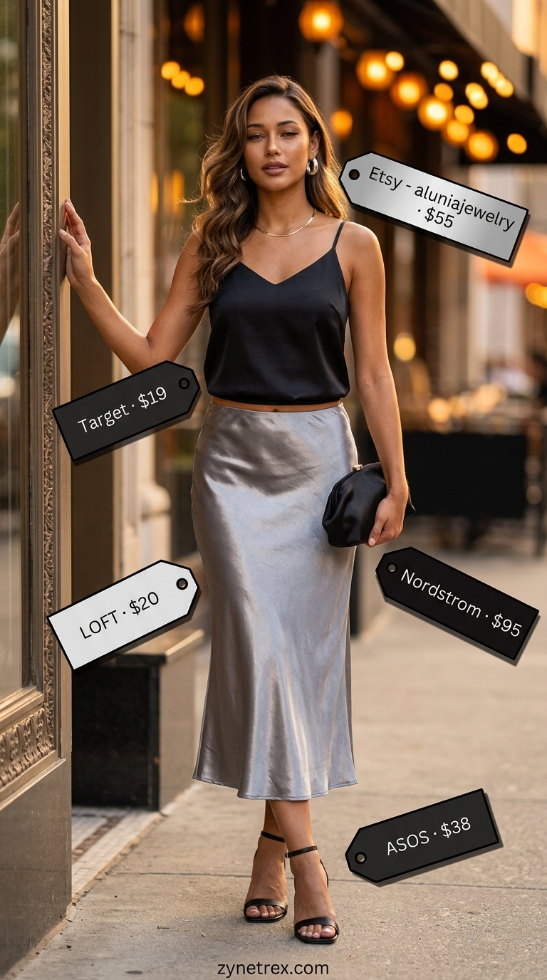 Cute summer going out outfits for women 2026: Silver satin skirt, black cami, and heels for a glamorous date night.