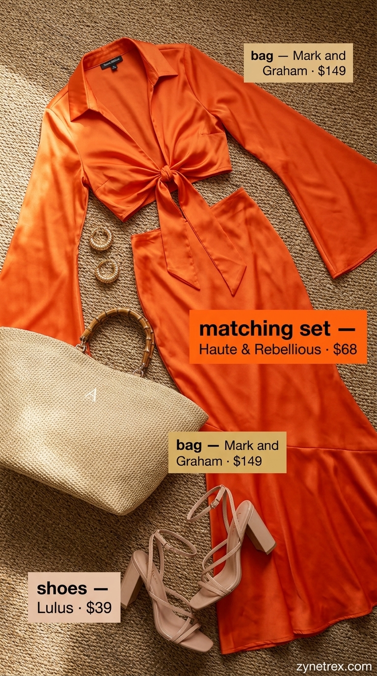 Cute summer going out outfits for women 2026: Tangerine orange matching set with puff sleeves for vacation parties.