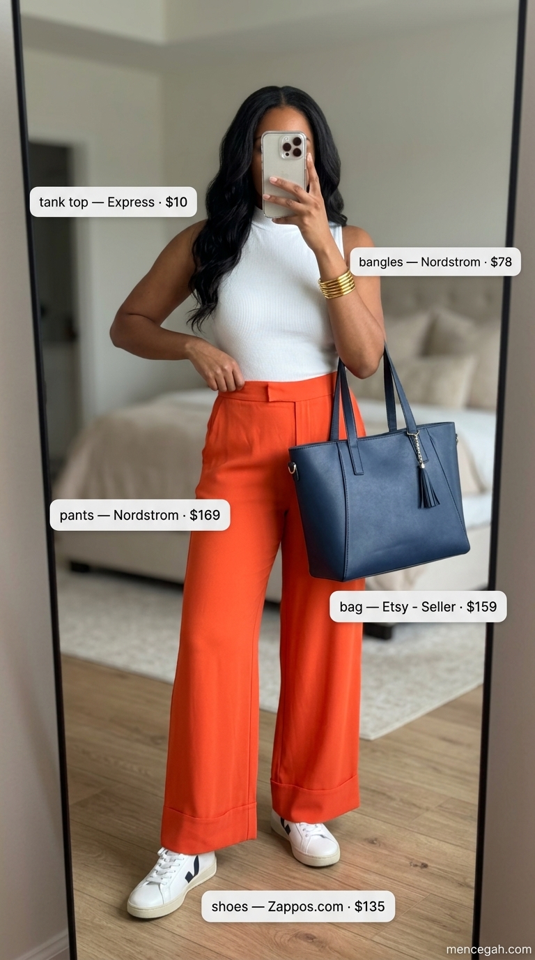 Cute summer going out outfits for women 2026: Tangerine pants, white mock neck top for brunch.