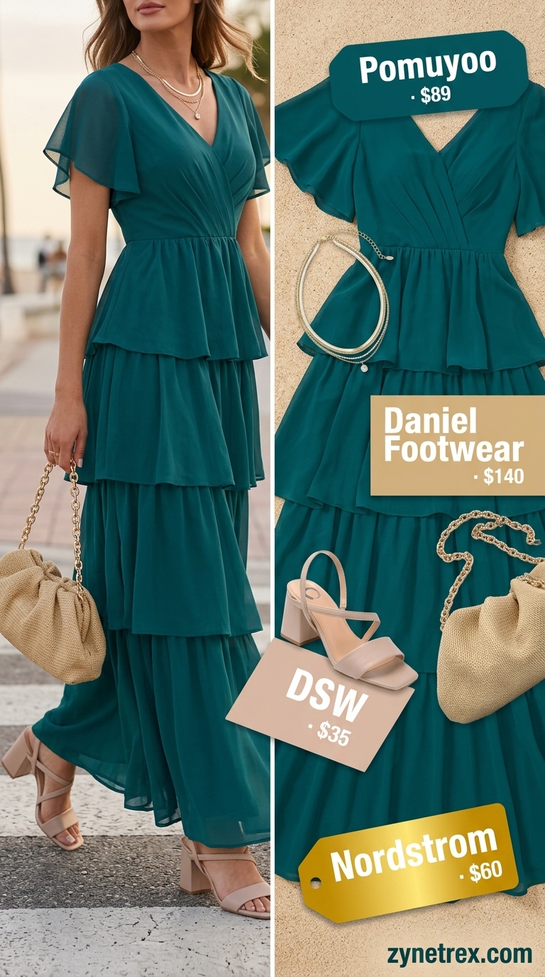 Cute summer going out outfits for women 2026: Oceanic teal maxi dress, nude sandals, straw clutch for resort evening.