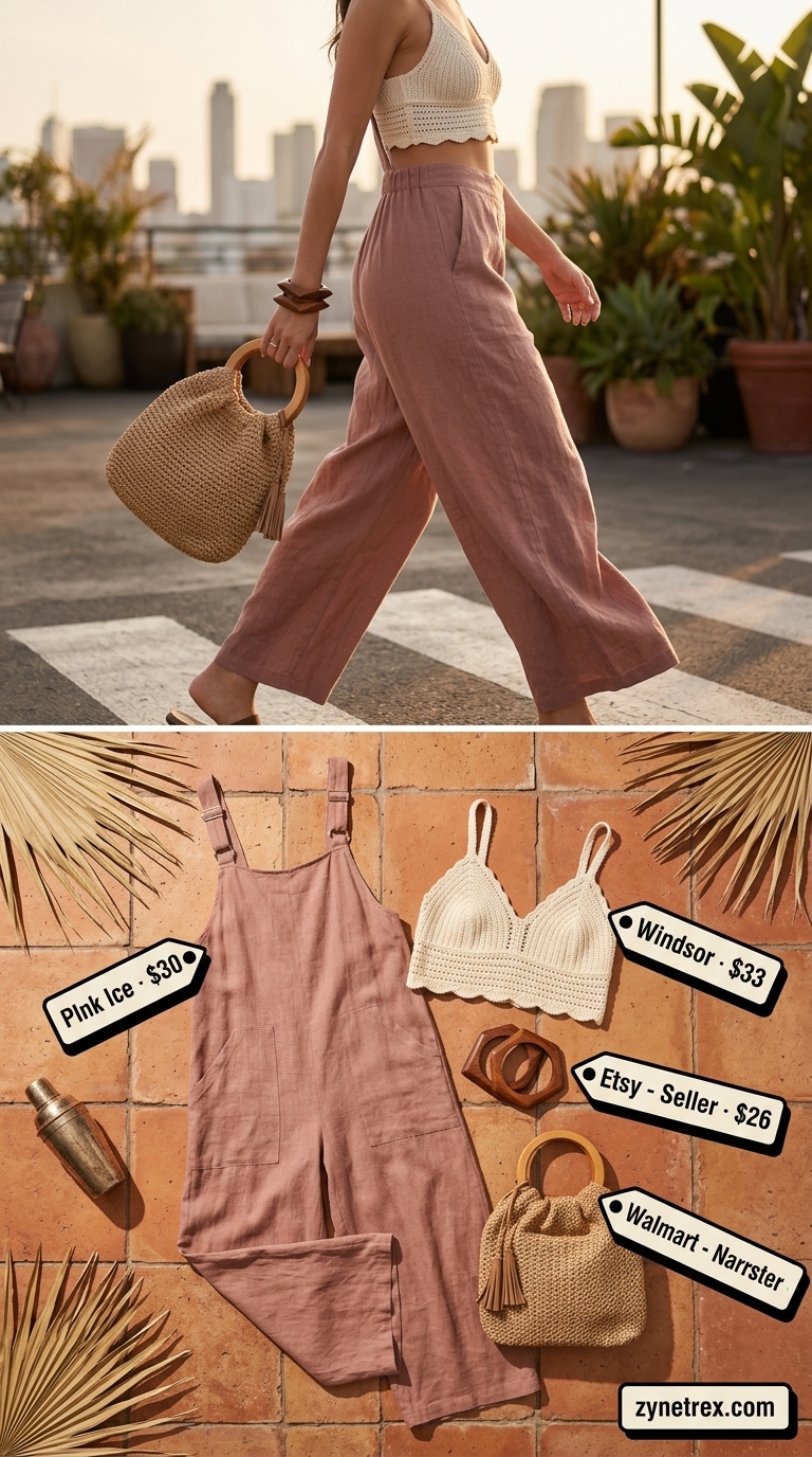Cute summer going out outfits for women 2026: Terracotta linen jumpsuit with crochet bralette for rooftop bars.