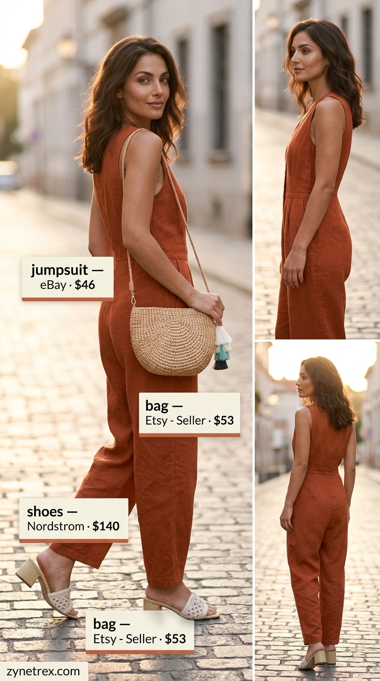 Cute summer going out outfits for women 2026: Terracotta jumpsuit, straw bag, woven sandals for outdoor concert.