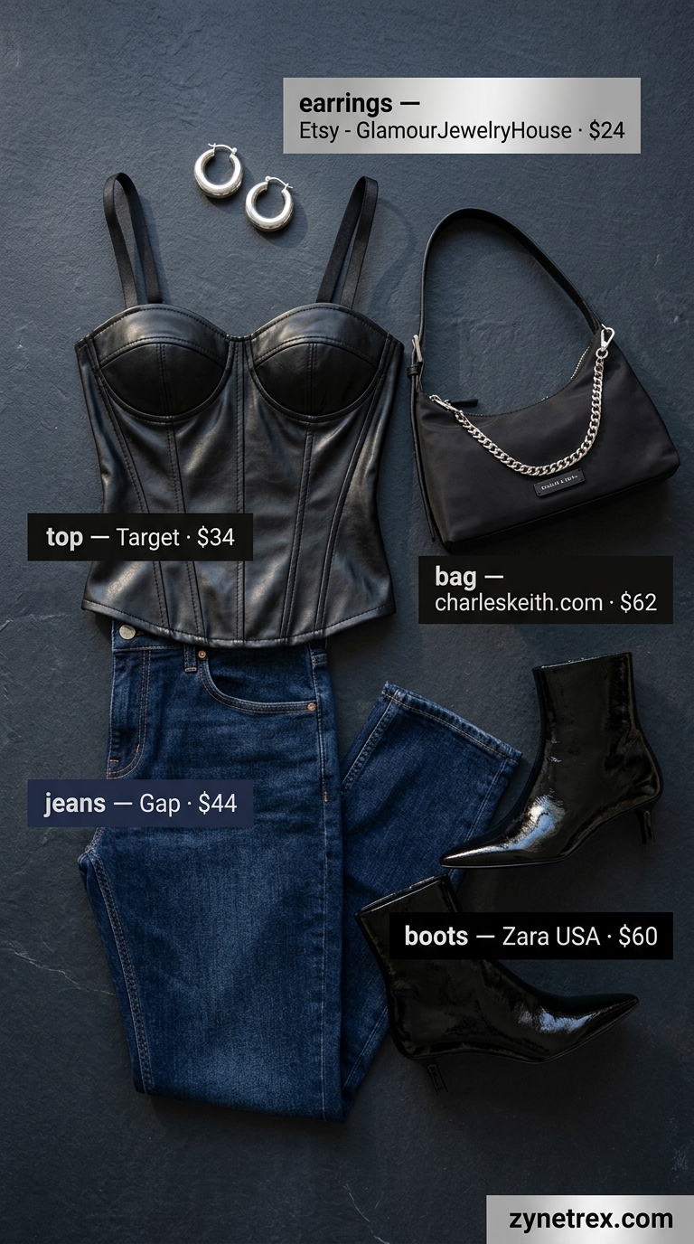 Cute summer going out outfits for women 2026: Y2K inspired look with black corset top, dark wash jeans, and ankle boots.