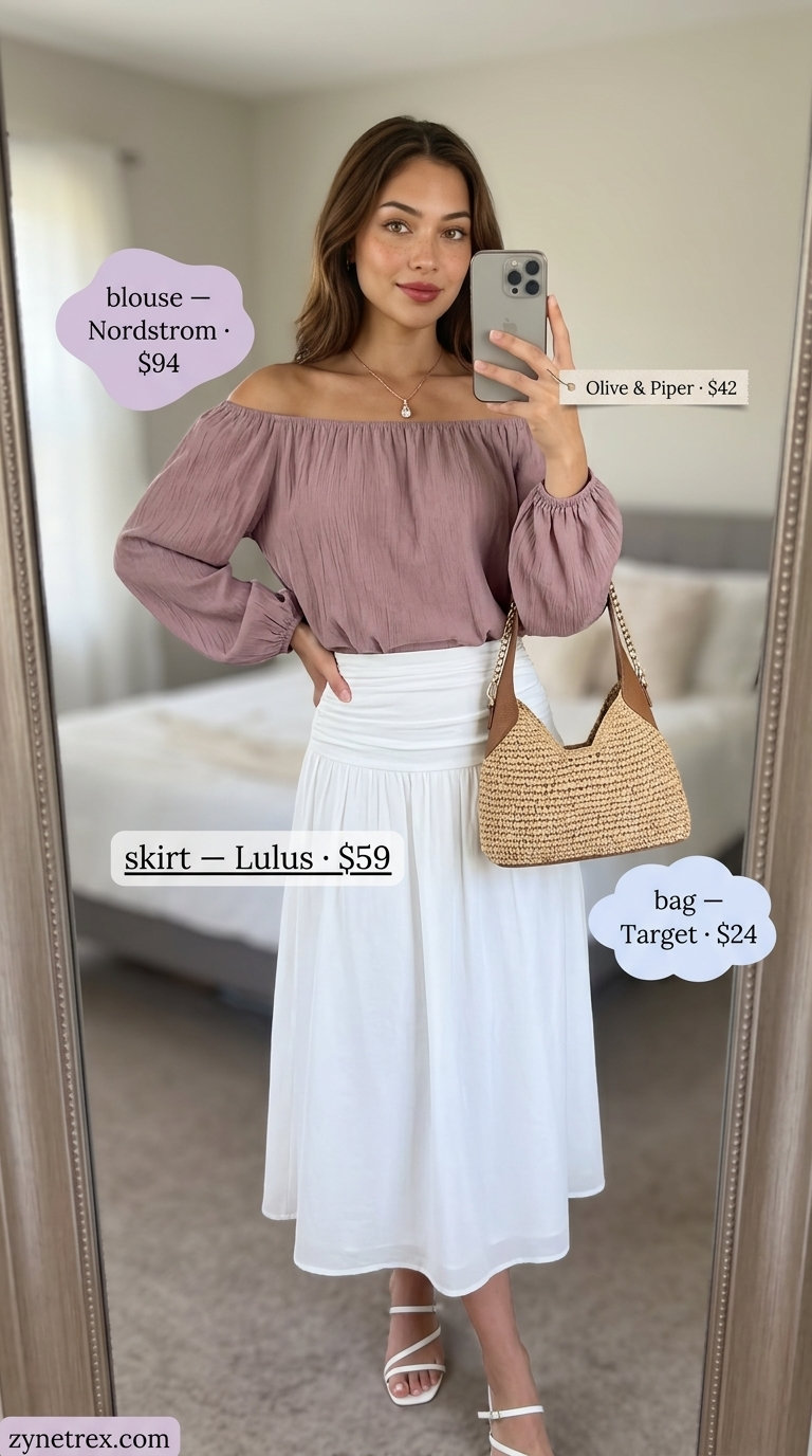Cute summer off-shoulder outfits for women 2026: Blush linen blouse, white skirt, raffia sandals for garden party.
