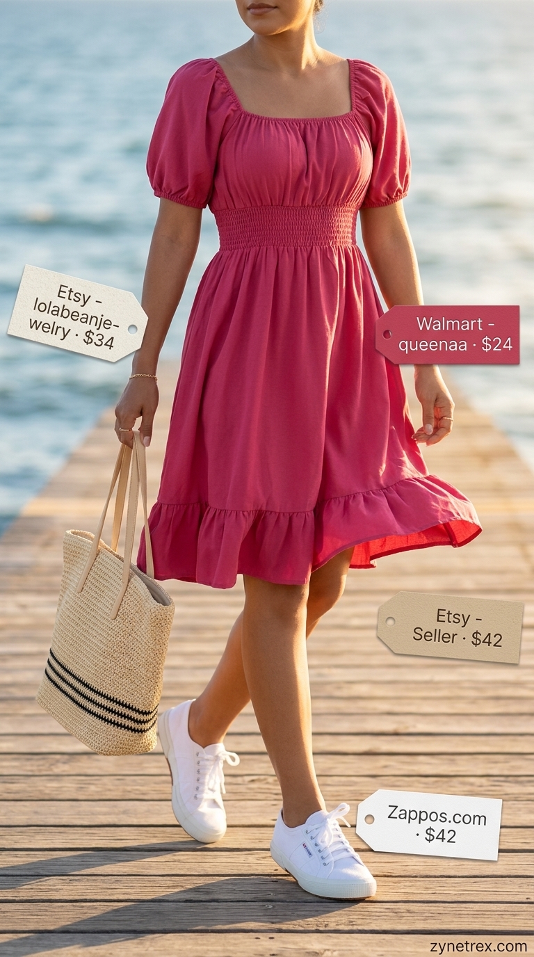 Cute summer off-shoulder outfits for women 2026: Coral sundress with smocked bodice for beach picnics and casual days.