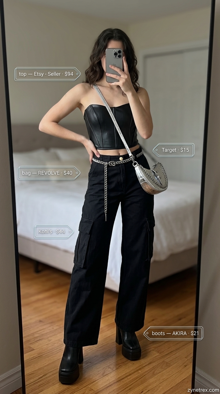 Edgy black off-shoulder corset top with cargo pants and platform boots for women 2026 night out.