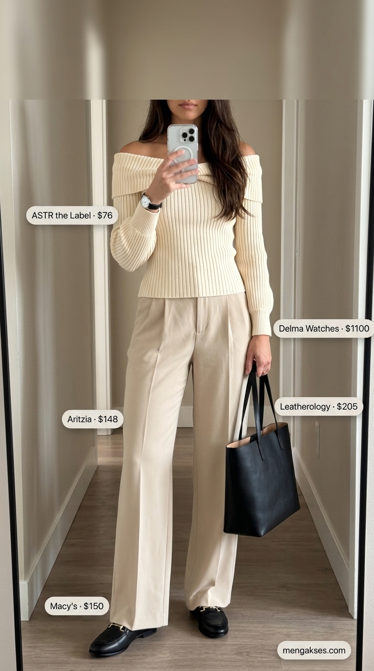 Cute summer off-shoulder outfits for women 2026: Cream knit sweater, beige trousers, loafers for office.