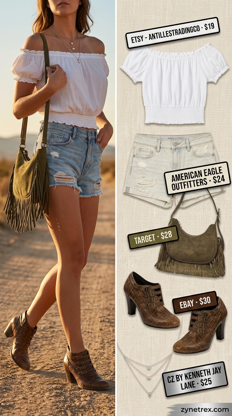 Cute summer off-shoulder outfits for women 2026: Ecru peasant blouse, denim shorts, fringe bag for festival.