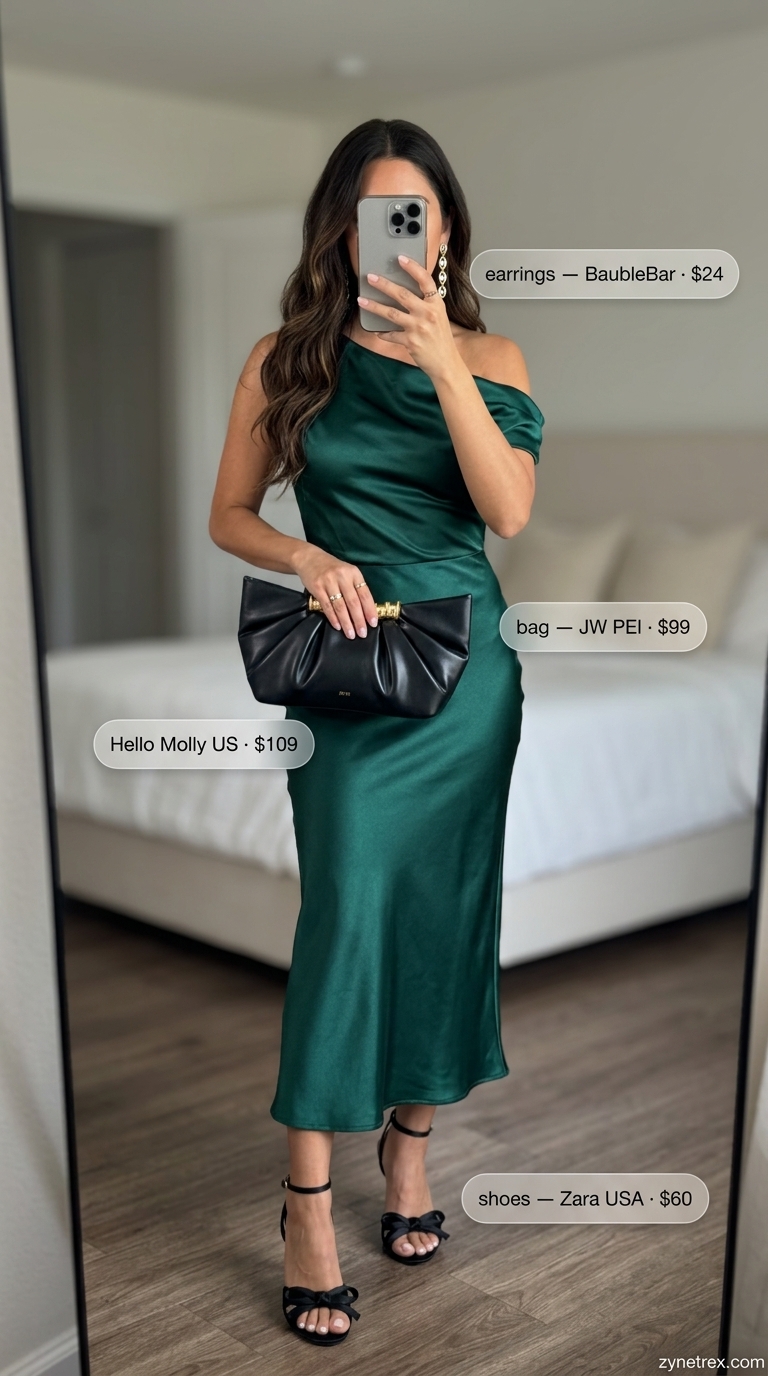 Cute summer off-shoulder outfits for women 2026: Emerald green dress, strappy heels, statement earrings for date night.