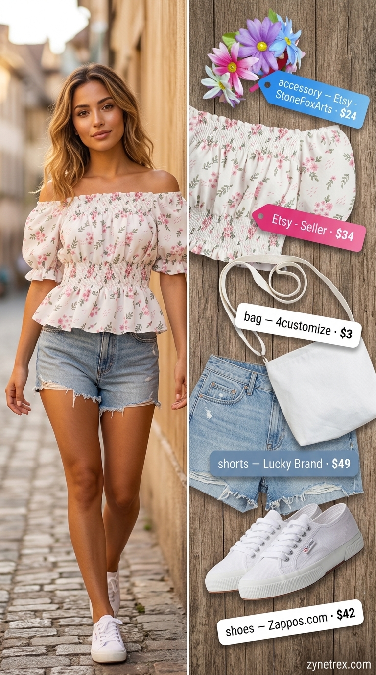 Playful floral off-shoulder crop top with denim shorts and sneakers for women 2026 picnic.