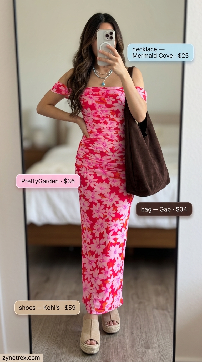 Cute summer off-shoulder outfits for women 2026: Pastel floral maxi dress, ideal for festivals and boho chic events.