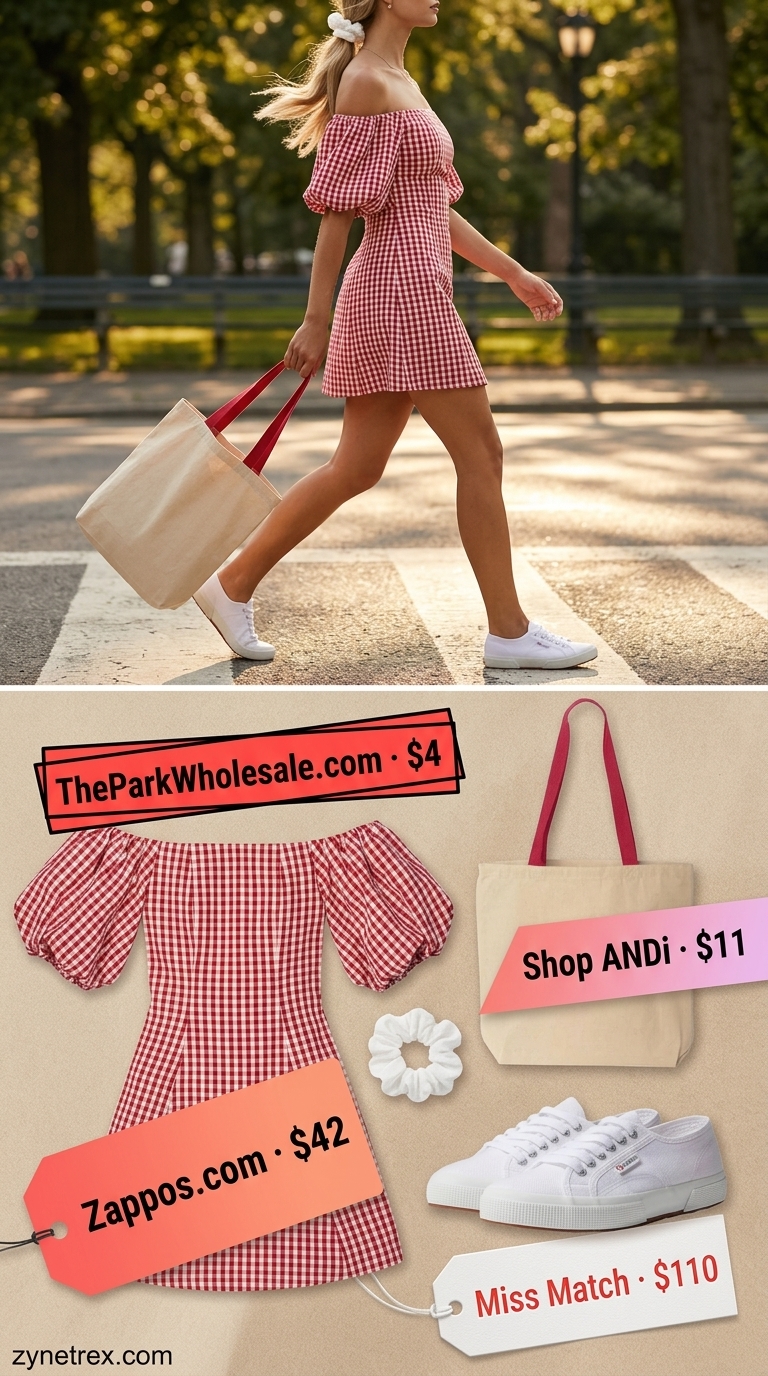 Cute summer off-shoulder outfits for women 2026: Red gingham puff sleeve mini dress for picnics and casual days.