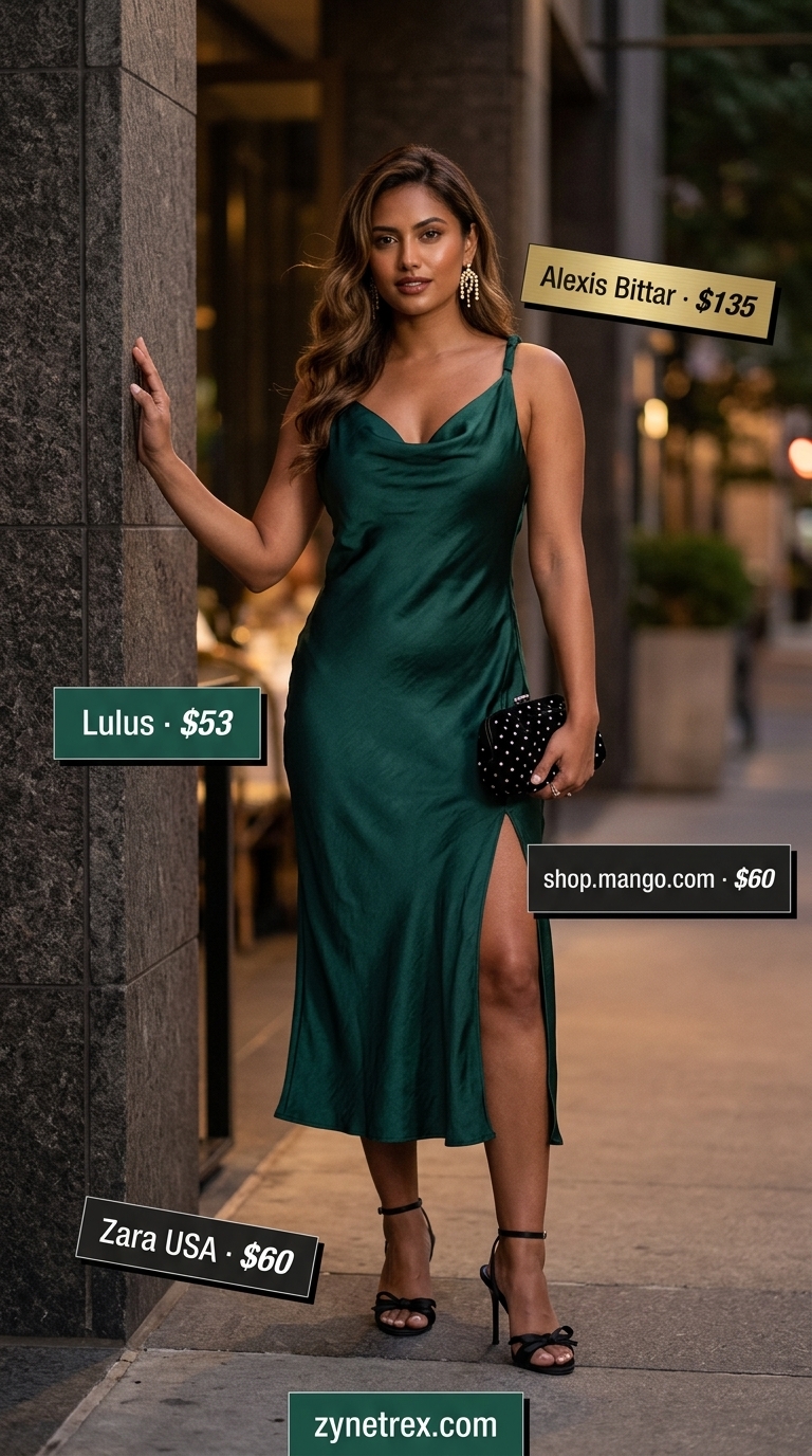 Elegant emerald green off-shoulder midi dress with stiletto sandals for women 2026 formal event.