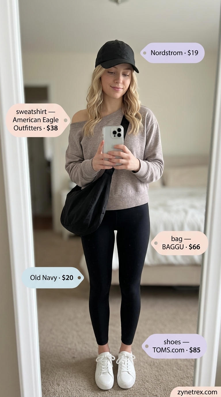 Cute summer off-shoulder outfits for women 2026: Grey sweatshirt, black leggings, sneakers for athleisure.