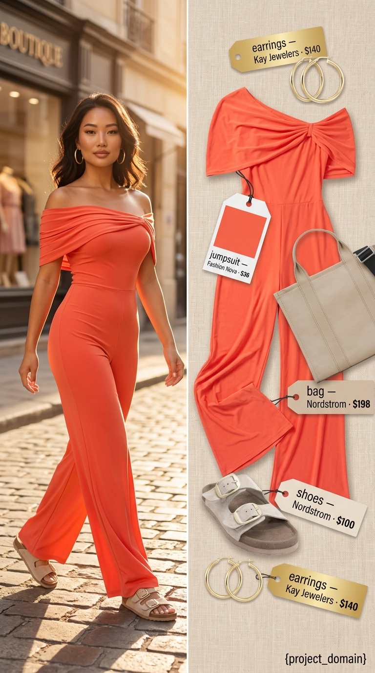 Chic coral orange off-shoulder jumpsuit with sandals and tote bag for women 2026 weekend getaway.
