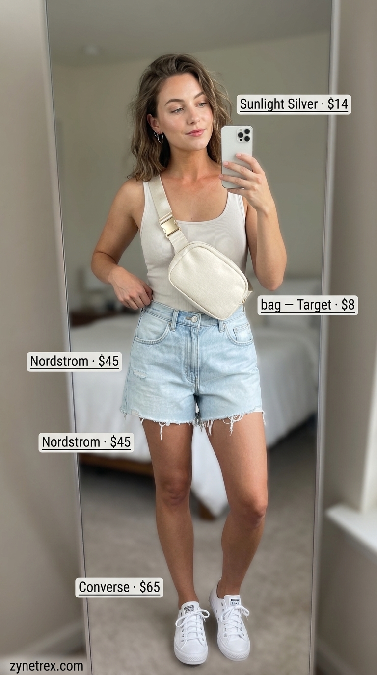 Casual olive green off-shoulder tee with denim shorts and sneakers for women 2026 summer weekend.