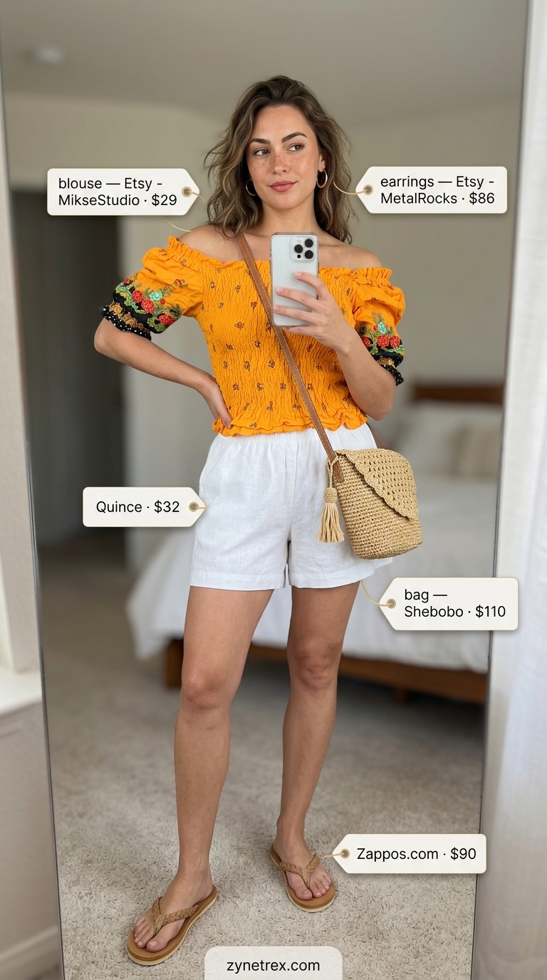 Cute summer off-shoulder outfits for women 2026: Orange peasant blouse, white linen shorts, straw crossbody for beach.