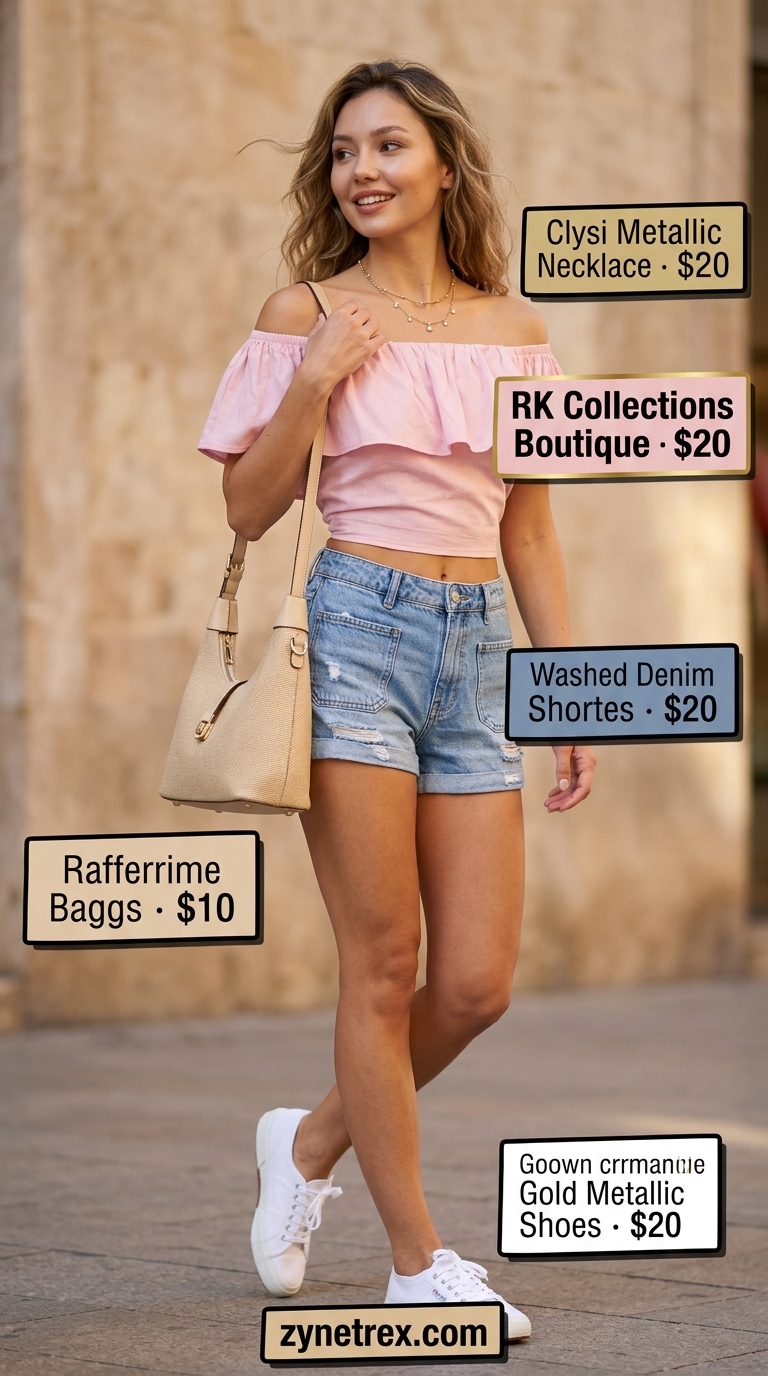 Cute summer off-shoulder outfits for women 2026: Pastel pink smocked crop top with denim shorts for weekend brunch.