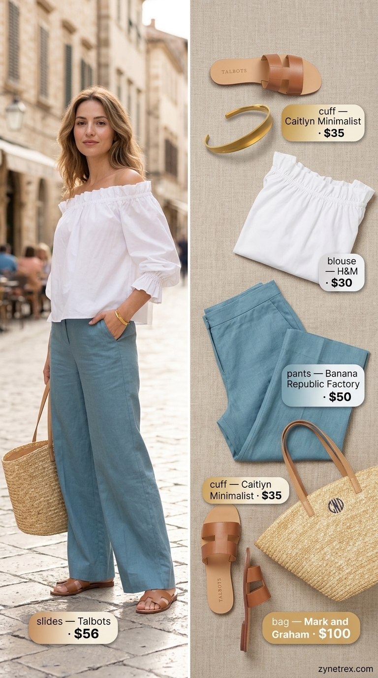 Cute summer off-shoulder outfits for women 2026: Sky blue linen pants, white blouse, straw tote for coastal chic.