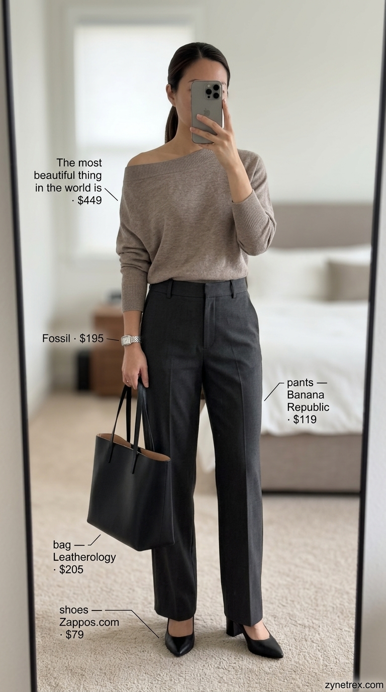 Sophisticated taupe off-shoulder sweater with tailored trousers for women 2026 office casual.