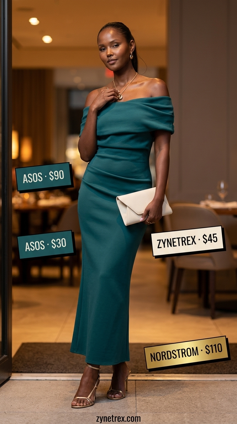 Cute summer off-shoulder outfits for women 2026: Deep teal midi dress for elegant evening events and date nights.