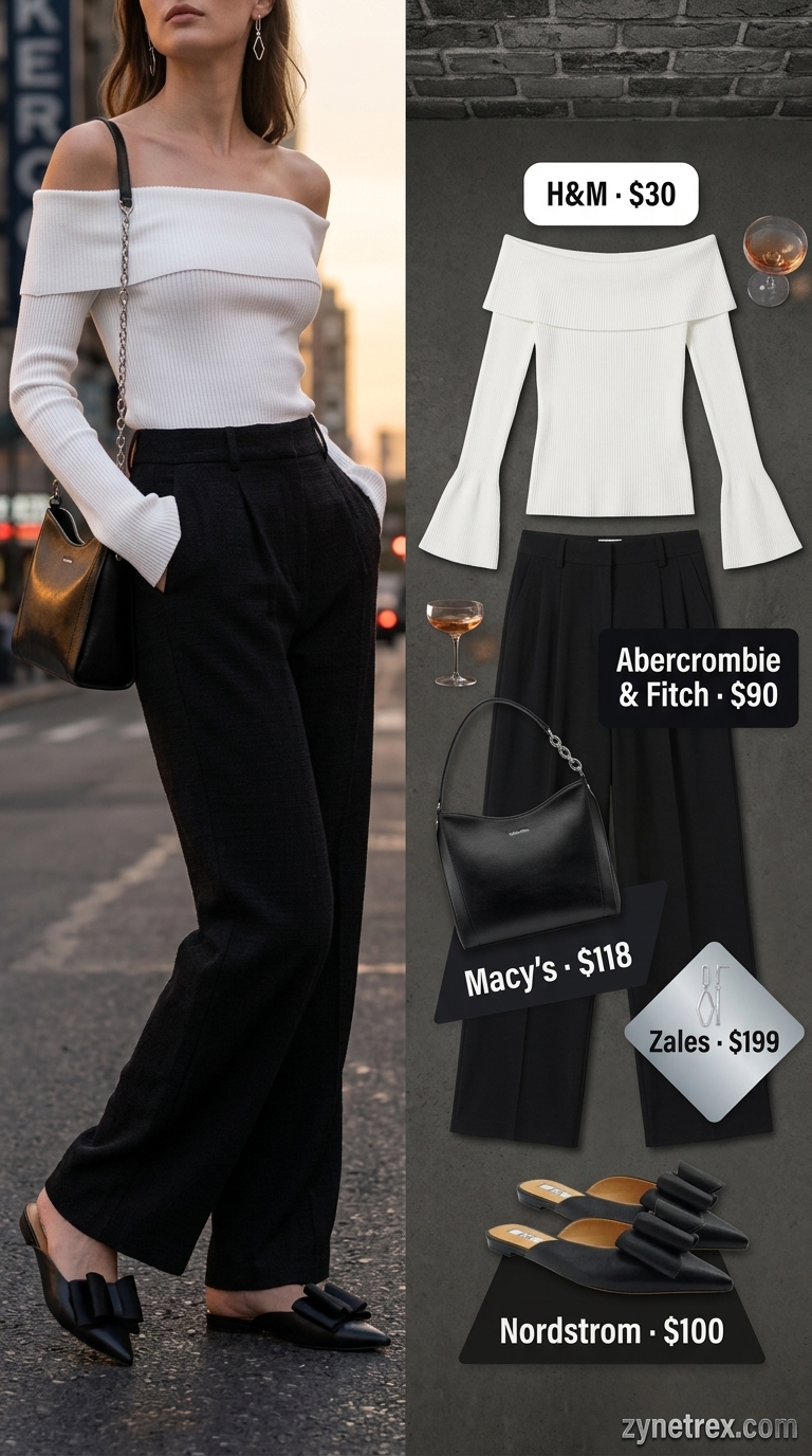 Cute summer off-shoulder outfits for women 2026: Black trousers, white knit top, mules for urban nights.