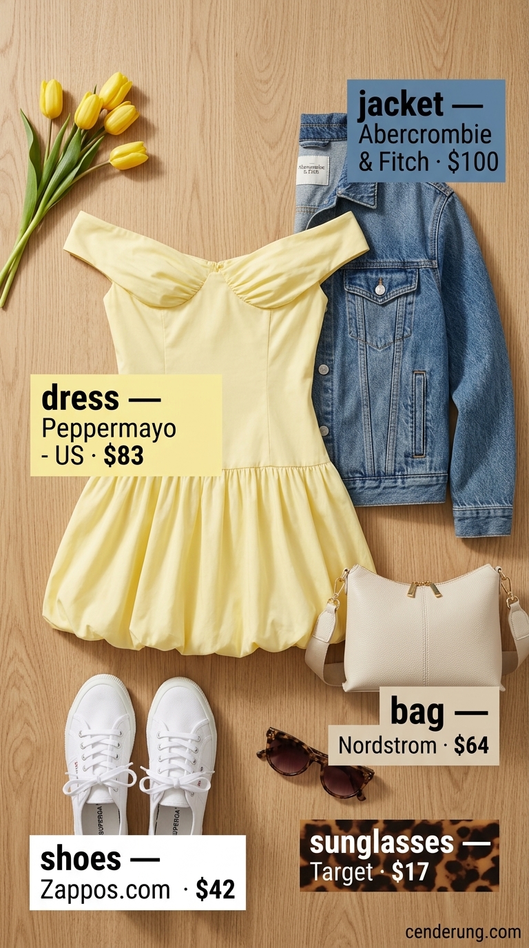 Cute yellow off-shoulder dress with denim jacket and white sneakers for women 2026 summer casual day out.