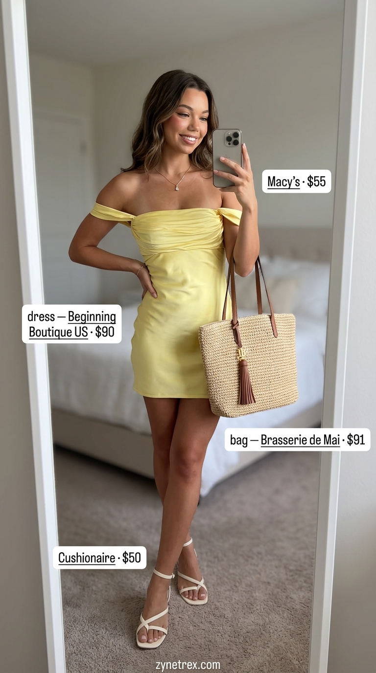Cute summer off-shoulder outfits for women 2026: Yellow tiered mini dress, straw tote, block heels for garden party.